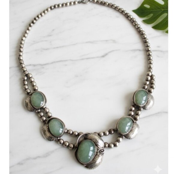 Vintage 925 Mexican Sterling Silver Green Onyx Statement Necklace 23” 113g - Picture 1 of 8